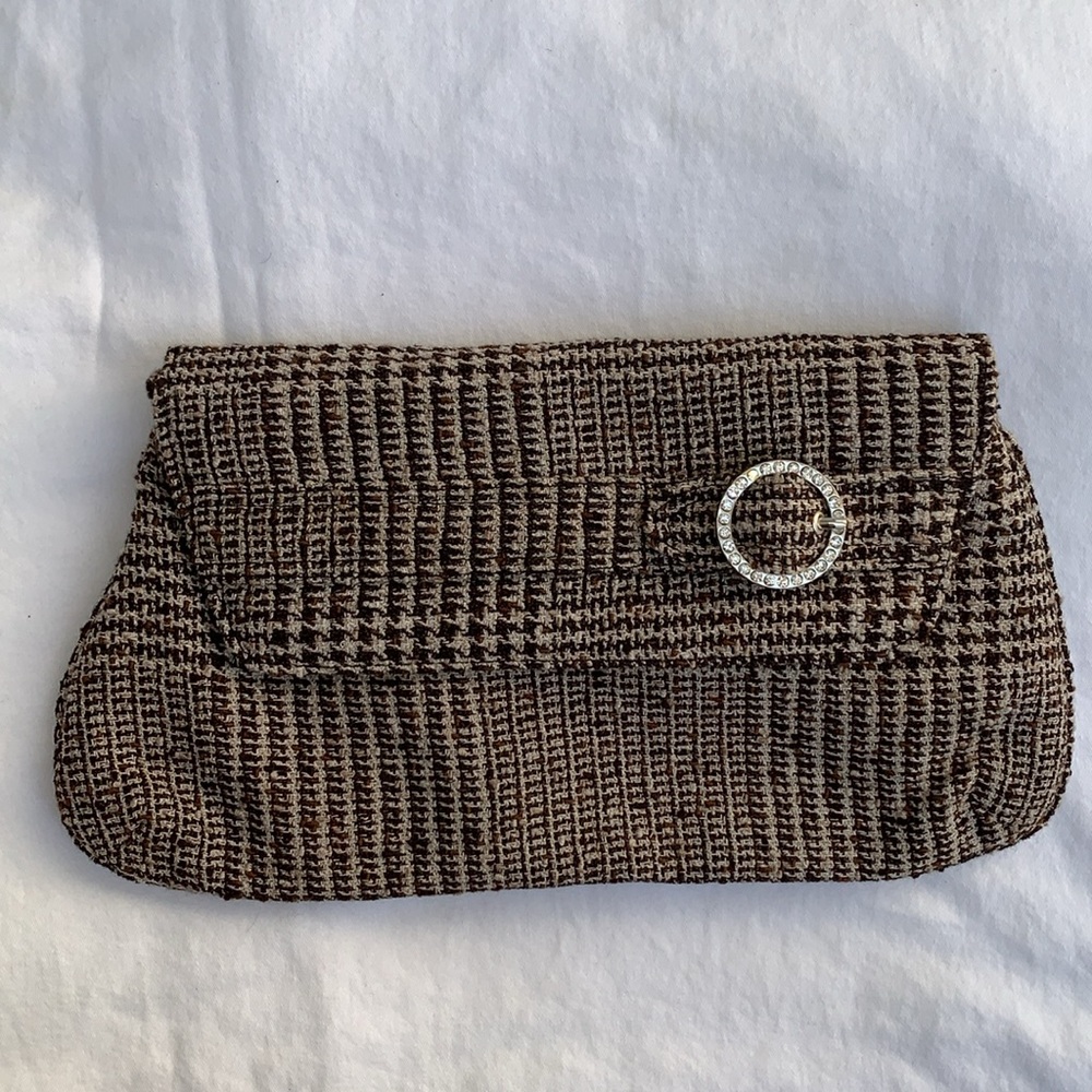 Large brown cream tweed clutch shoulder bag w/ rhinestone detail NWT Lane Bryant - Picture 10 of 14
